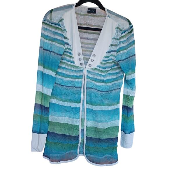 Tribal Women's Cardigan Medium Blue Cream Striped Crinkle Sheer Longline V Neck - Picture 1 of 5